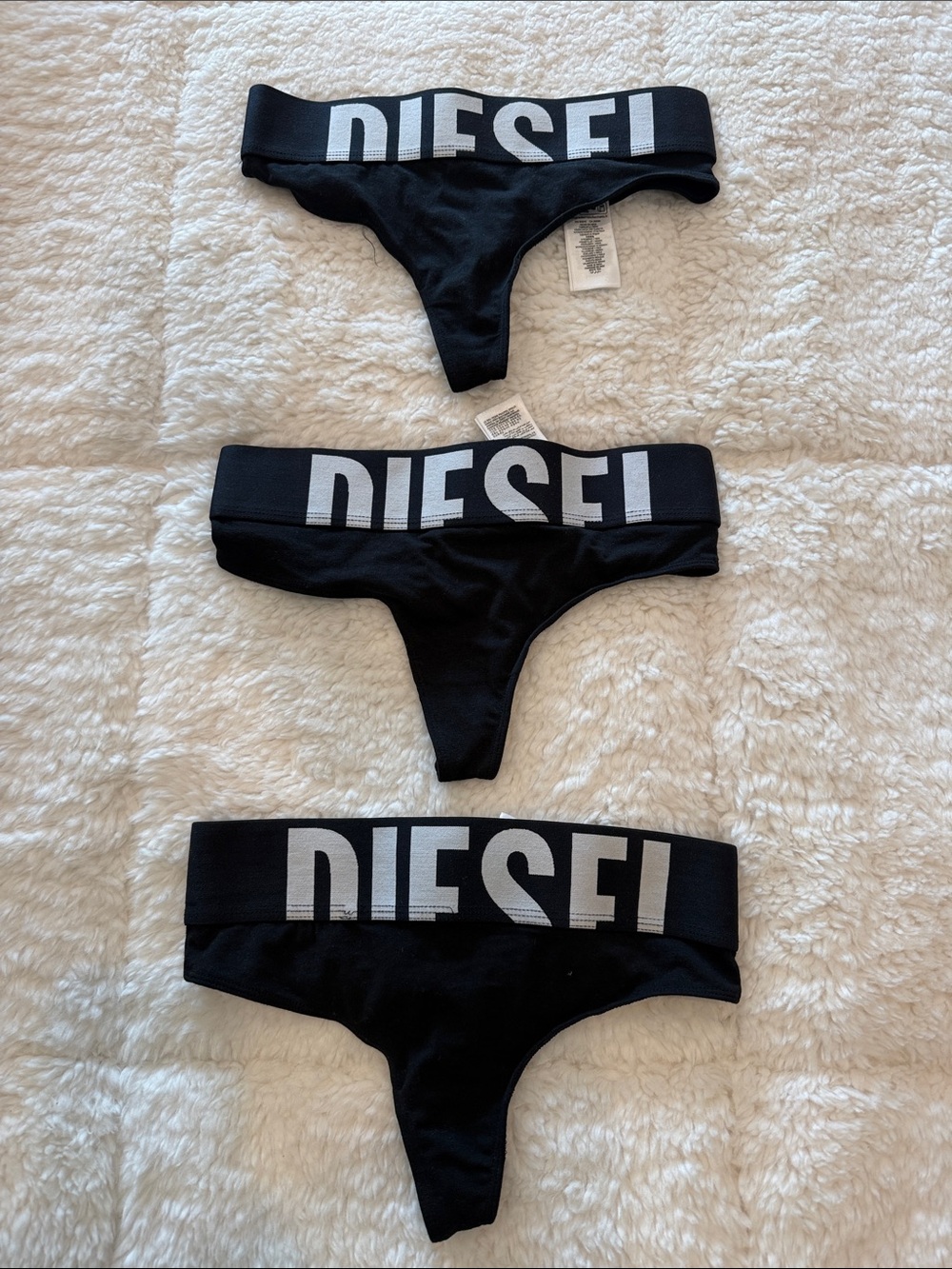 Diesel Black Thong Trio with White Logo Waistbands